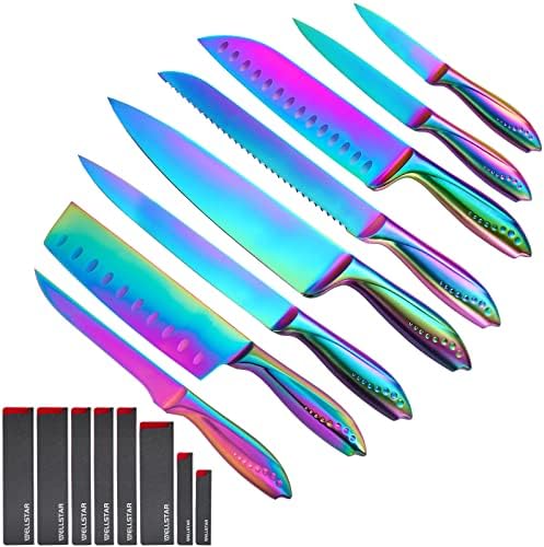 WELLSTAR Rainbow Knife Set 16 Pieces with 8 Knives and 8 Blade Guards, Iridescent German Stainless Steel Kitchen Knives with Durable Sheath Cover, Colorful Titanium Coated Chef’s Cooking Knife Set