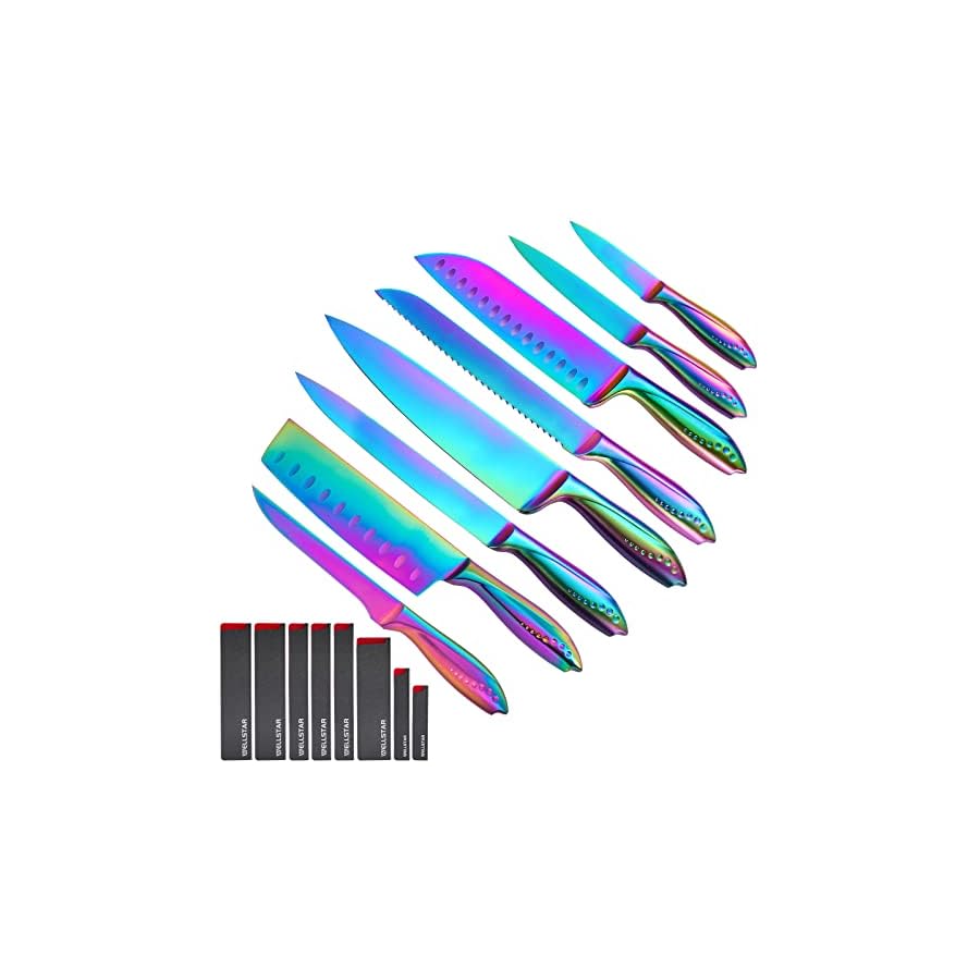 WELLSTAR-Rainbow-Knife-Set-16-Pieces-with-8-Knives-and-8-Blade-Guards-Iridescent-German-Stainless-Steel-Kitchen-Knives-with-Durable-Sheath-Cover-Colorful-Titanium-Coated-Chefs-Cooking-Knife-Set WELLSTAR Rainbow Knife Set 16 Pieces with 8 Knives and 8 Blade Guards, Iridescent German Stainless Steel Kitchen Knives with Durable Sheath Cover, Colorful Titanium Coated Chef’s Cooking Knife Set