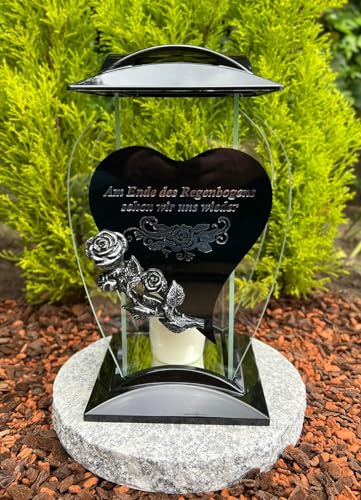 Lanterne funéraire en forme de cœur avec texte – À la fin de l'arc-en-ciel, nous nous reverrons à nouveau – 32 cm de hauteur – Couleur : noir – Bougie funéraire – Lanterne sans socle – Bougie gratuite