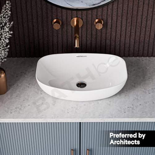 Image of Table Top Ceramic Wash Basin For Bathroom | Rectangular Counter Top Bathroom Sink, Premium Glossy White Above Counter Vanity Basin, Modern Design (18 x 13 x 5.5 Inch)