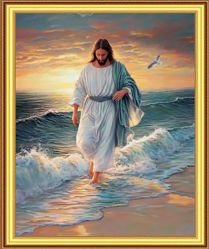 Image of Foxnyart Stamped Cross Stitch Kits Full Range of Embroidery Needlework Starter Kits for Beginners Adults 11CT Embroidery Patterns Art Crafts DIY Needlepoint Kit-Beach Jesus by the Sea 16x20 inch
