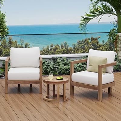Ziraukon 3-Piece Patio Furniture Set, Acacia Wood Outdoor Furniture Conversation Seat with Table, Outdoor Patio Table and Chairs with Cushions for Balcony, Porch, Backyard, Garden, Beige Cushion