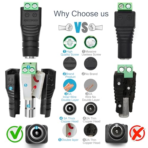 CHANZON (10 x Female DC Power Connector 5.5mm x 2.1mm 12V 24V Power Jack Socket for Led Strip CCTV Security Camera Cable Wire Ends 10Pcs Plug Adapter - Image 3