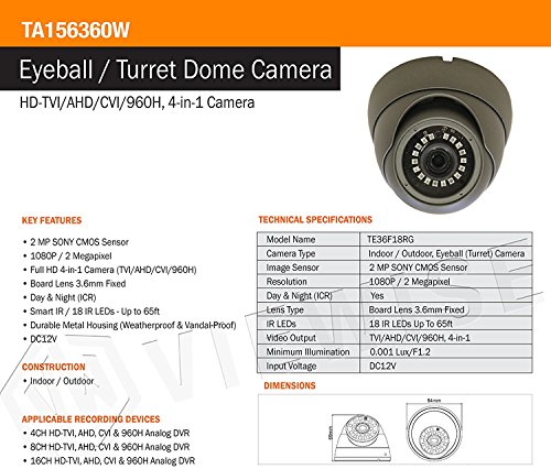 VIEWISE HD 1080P 2 Megapixel Eyeball Turret Dome Camera, Sony Sensor, Indoor/Outdoor Surveillance Security Camera 3.6mm Lens Day & Night Vision 4-in-1 HD-TVI, AHD, CVI, CVBS (Gray)