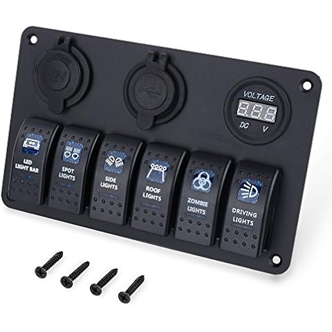 Kippschalter, 6 Gang DC 12 V / 24 V Schaltung, LED, wasserdicht, für Auto, Boot, Marineblau, mit 6 Kippschalter, Überladungssicherung mit USB wiederaufladbar Cover