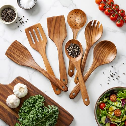 Image of 4 Pcs Luxury Acacia Wood Cooking Spoons Set-Mixing Spoon, Salad Fork, Slotted Spoon, Serving Spoon-Wooden Kitchen Utensil Tools Gadgets
