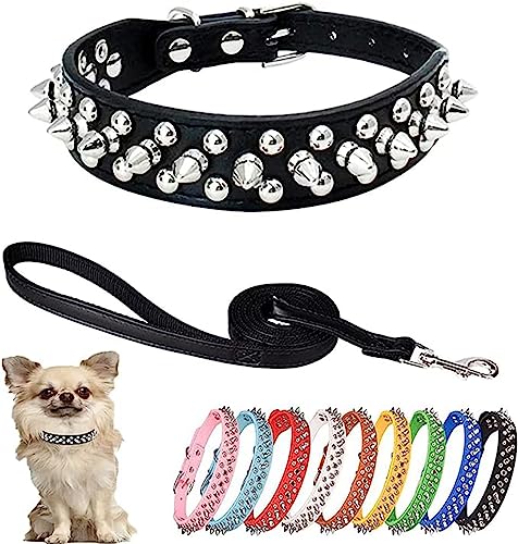 HimyBB Rivet - Collare e guinzaglio per cani e gatti, con borchie, regolabile, in pelle PU, colore: nero, taglia L