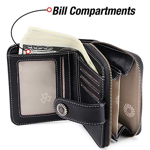 Image of GOIACII Cute Women's Wallets Ladies Leather Billfold Small Black | RFID Blocking, Oil Wax Leather, 2 ID Windows, Compact Size, Multiple Card Slots, Zipper Coin Pocket, Bifold Card Holder