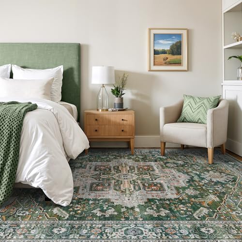 Rugland 5x7 Area Rugs - Stain Resistant Washable Rug, Anti Slip Rugs for Living Room, Vintage Tribal Area Rugs(Medallion 01-Green/Grey, 5'x7')