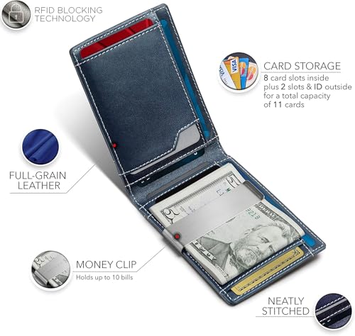 Image of Contacts Genuine Leather Money Clip Wallet Slim Front Pocket RFID Blocking Card Holder Minimalist Mini Bifold for Men's | Up to 11 Card Slots Including 1 ID Window & 1 Bill Compartment (Blue)