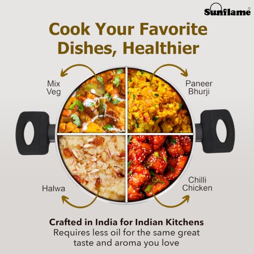 Image of Sunflame Ceramic Non-Stick Kadhai 24 cm with Glass Lid | No PFOA, PFAS, PTFE | Induction and Gas Stove Compatible | 2 Year Warranty by Sunflame | Requires Less Oil, Easy to Clean, Prevents Burning