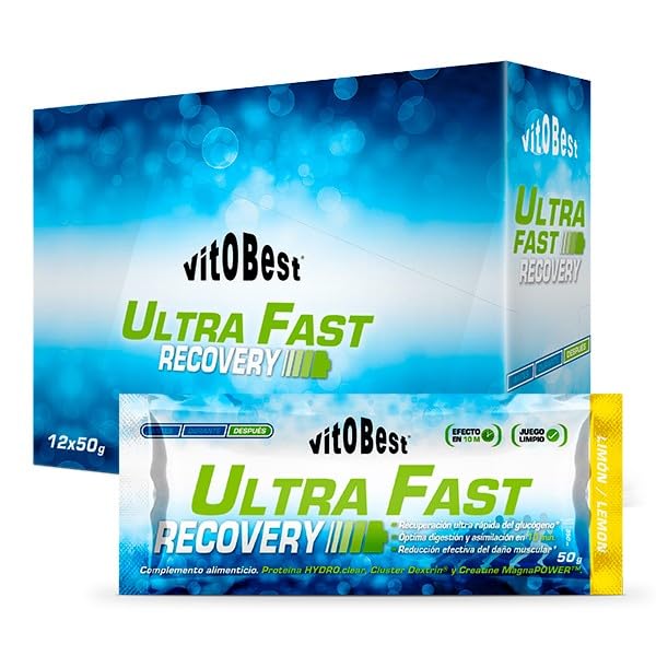 VITOBEST | Endurance Ultra Fast Recovery | Ayuda a reponer los depósitos de glucógeno | Hidrolizado de proteína de suero (Optipep®) de rápida asimilación | Sabor Limón - 12 sobres x (50 g)