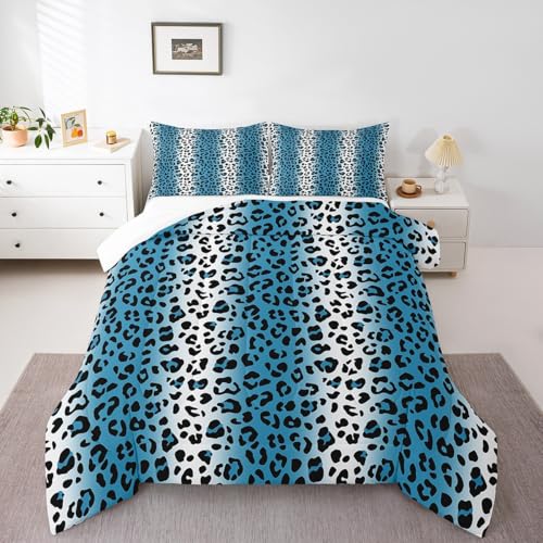 Image of Feelyou Leopard Print Comforter Africa Cheetah Print Bedding Set Safari Animal Skins Comforter Set for Kids Adults Luxury Blue Black White Duvet Set Soft Room Decor Full Size Quilt Boys