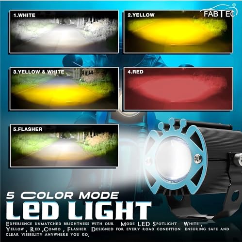 Image of FABTEC G16 LED Fog Light Mini Drive for Bike & Scooty - Waterproof Dual Color Yellow White Fog Light, Super Bright High Power Auxiliary LED Light with Clamp & Switch