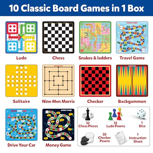 Image of 10 in 1 Classic Board Games Set for Kids & Family | Includes Ludo, Chess, Snakes & Ladders, Checkers, Backgammon & More | Indoor Strategy Games, Fun Educational Gift for 5+ Years