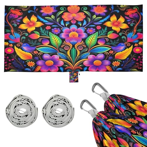 SDMKA Colorful Mexican Floral Camping Hammock, 330 lbs with 2 Tree Straps, Carry Bag, Single Portable Hammock for Outdoor/Indoor, Hiking, Beach, Backpacking, Travel