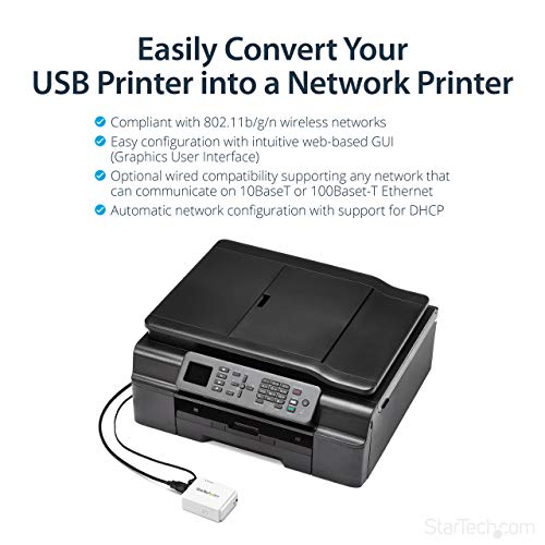 Image of StarTech 1-Port Wireless N Network USB 2.0 Print Server, TAA (PM1115UW) | 10 /100Mbps Ethernet USB Printer Server Adapter, Windows 10, 802.11 b /g /n
