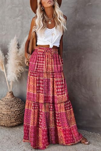 Image of Happy Sailed Womens Floral Print Boho Maxi Skirt Elastic High Waist Pleated Ruffle Flowy Long Skirts S-XL