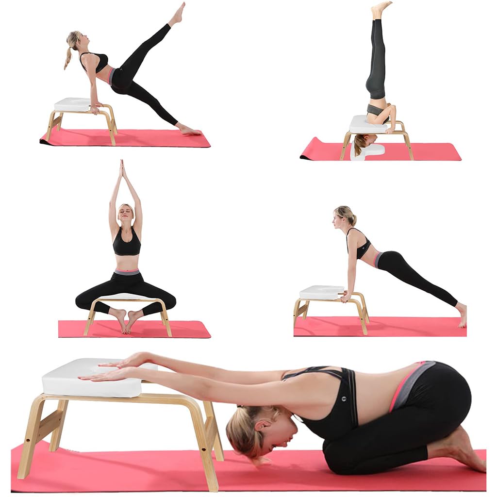 Sedia Yoga per Verticale sulla Testa,Sgabello Yoga per la Casa,Sedia per Inversione Yoga,Struttura in Legno Massello,Sgabello Verticale per Yoga con Cuscino del Sedile Rimovibile a Forma di T,Bianco