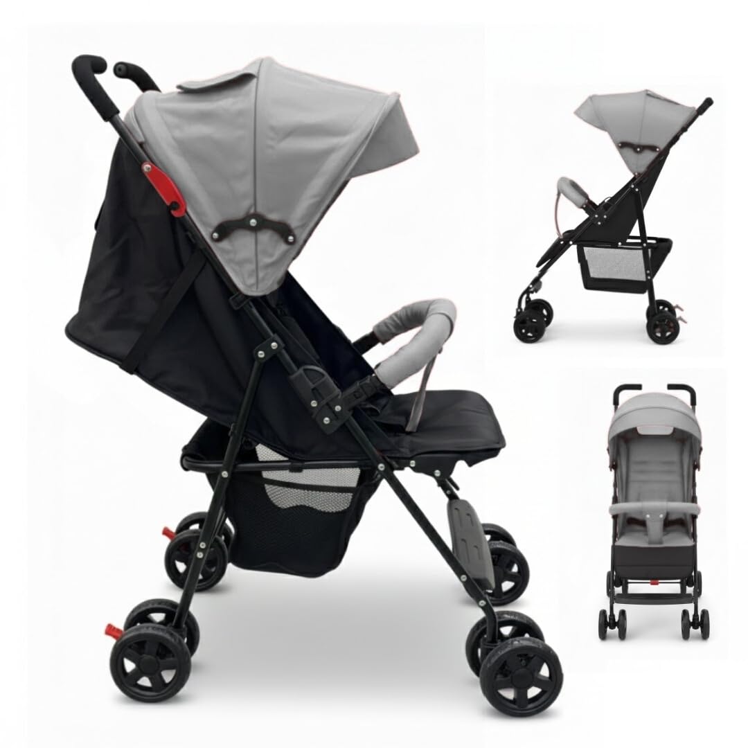 OBABY Stroller with Reclining Seat, Adjustable Canopy, Safety Harness, Smooth Wheels, Compact Folding Design (Small Stroller Light Grey)-picture-12