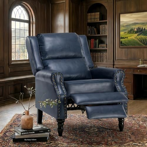 Image of Leather Recliner Chair with Adjustable Backrest & Footrest, Blue | Adjustable Backrest & Footrest, Medieval Style Overstuffed Arms, Quality Faux Leather
