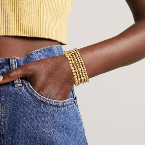 Gold Bracelets for Women, 14K Gold Plated Beaded Bracelets Gold Strand Bead Ball Bracelet Stack Set Adjustable Bracelet Set Waterproof Jewelry for Women Gifts Non Tarnish3
