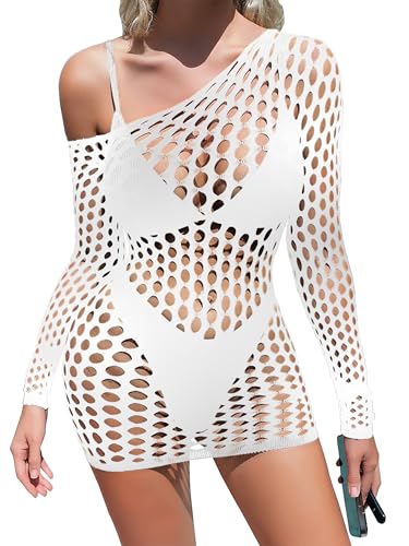 Mingnos Eine Schulter Netzkleid Damen Sexy Mesh Kleid Netzkleider Transparent Dessous Nachtwäsche Festival Outfit Strand Cover Up Partykleid Weiß
