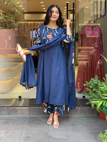Image of GoSriKi Women's Rayon Viscose Anarkali Printed Kurta with Pant & Dupatta
