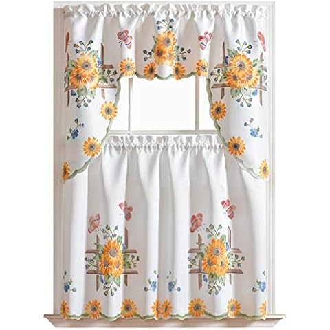 GOHD 3pcs Farmhouse Kitchen Cafe Curtain Set Air Brushed by Hand of Sunflower and Butterfly Design on Thick Satin Fabric (Swag and 36 inches Tiers Set) Cover