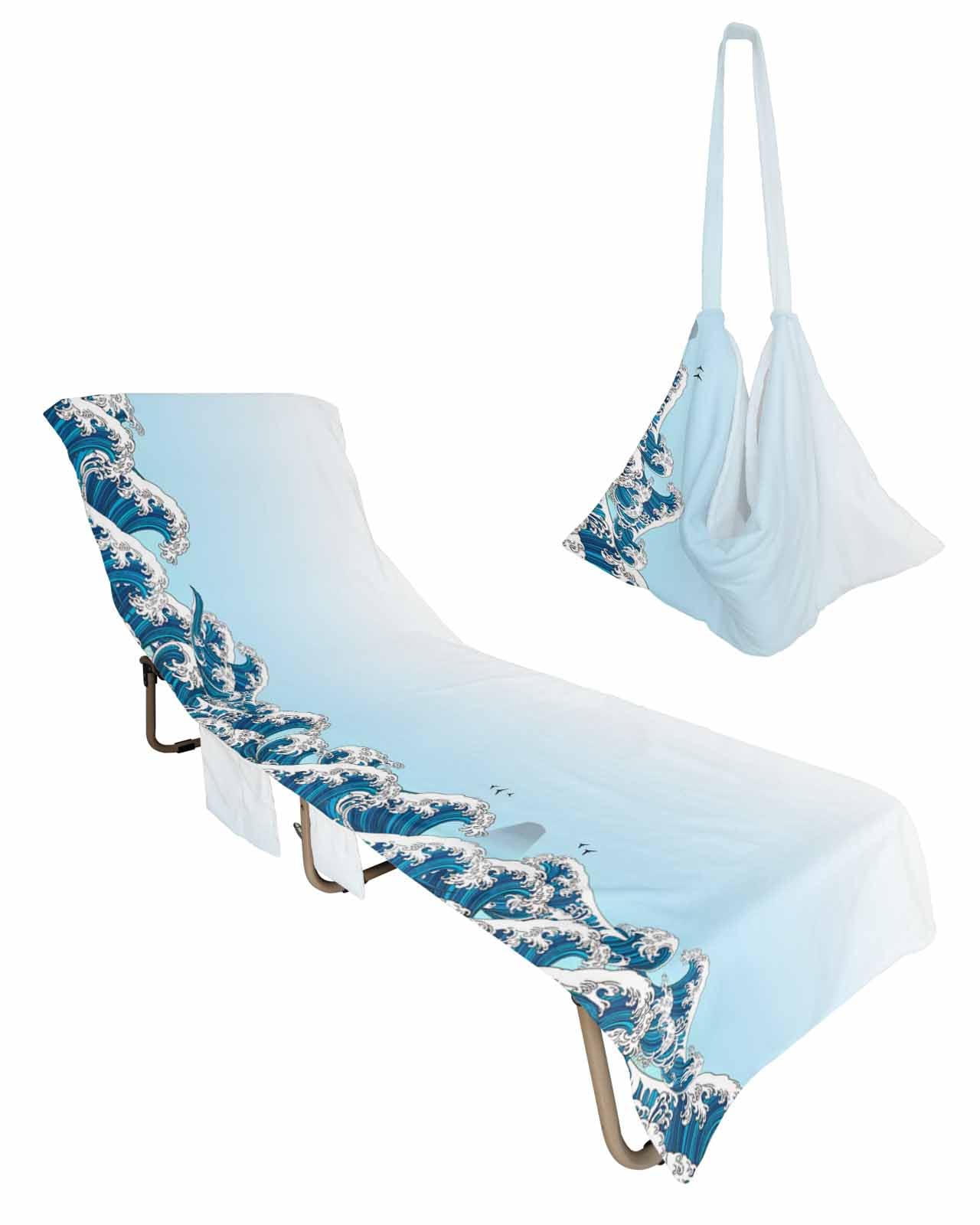 Blue Ombre Coastal Beach Lounge Chair Towel Cover, Soft Chaise Lounge Towel with Side Pockets Patio Pool Chairs Cover for Beach/Pool Sunbathing 29x85 Modern Blue Sea Wave Abstract Art