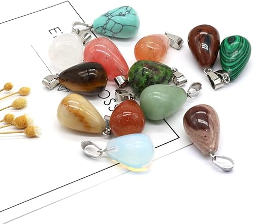 LE SKY 20 colgantes de piedra natural, redondos, forma de gota de agua, ágata, cristal curativo, dijes de piedra curativa, bricolaje para hacer joyas