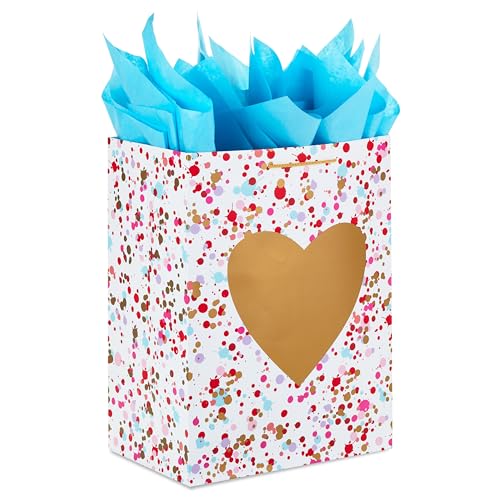 Hallmark 17 Extra Large Valentines Day Gift Bag with Blue Tissue Paper (Gold Heart Paint Splatters)