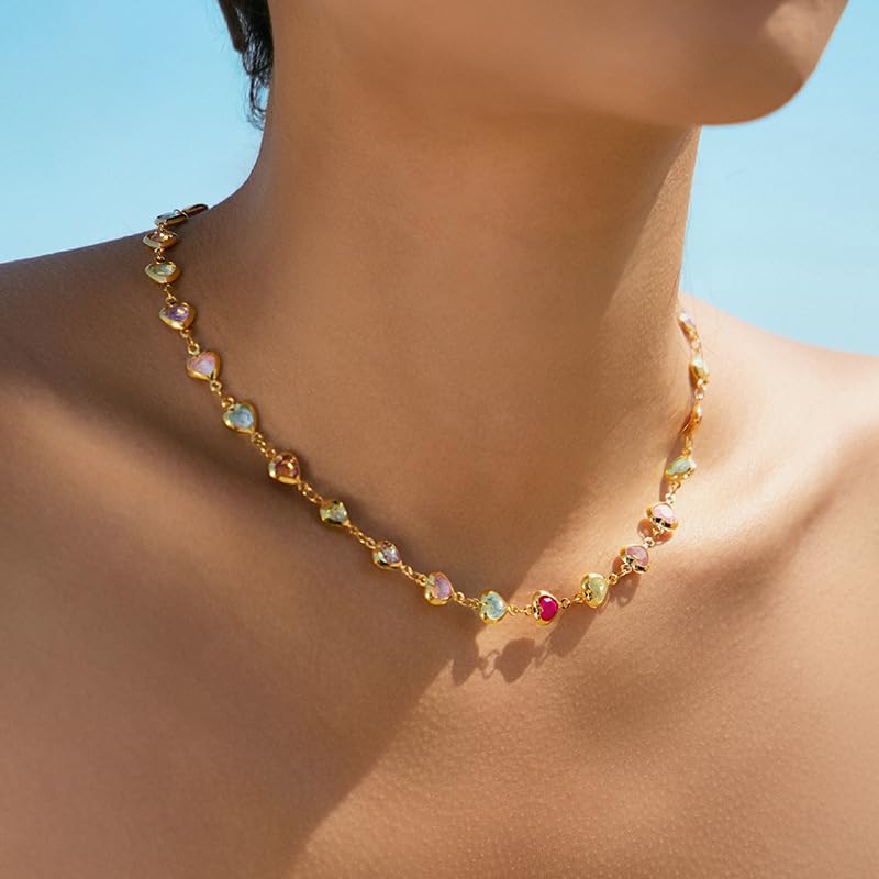 Dainty Colorful Rhinestone Hearts Beaded Choker Necklace for Women Trendy Multicolor Love Sparkly Crystal Rainbow Gemstone Chain Necklaces Sweet Party Prom Neck Jewelry Statement Summer Beach Vacation - Image 2