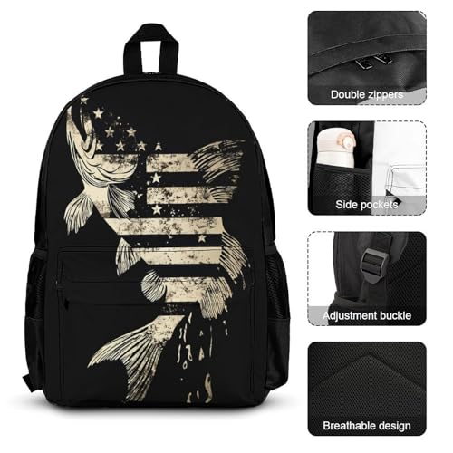 U.S.A Flag Bass Fish Camouflage Backpack 3 Set with Lunch Bag Insulated Shoulder Meal Tote Bags Pencil Case Box Casual Daypack3