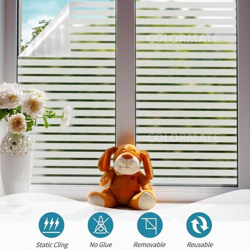 Image of COLORMATE Premium Vinyl Stained Frosted Window Glass Film (18x360 Inch) - Self-Adhesive Wallpaper Sticker Opaque Tint Cling for Window Glass Privacy Cover, Door, Office, Home.| Anti-UV. Frosted Lines