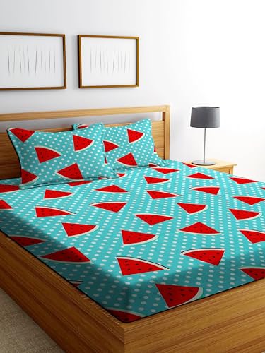 Image of DECORUM Glace Cotton Fitted 1 Bedsheet King Size (72 inchx78 inch) | All Around Elastic | Cotton Feel | 2 Pillow Covers (17 inchx27 inch) | Fits Up to 8 inch Mattress | 200-220 TC | Printed Double Bed Sheet Set