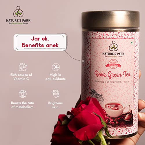 Image of Nature's Park Rose Green Tea - 125g - For Glowing Skin, Hair, Stress Relieving, Good Sleep, Antioxidants Rich - Made with 100% Whole Leaf & Natural Petals - Herbal Wellness Tea - Refreshing & Aromatic