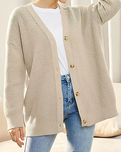 Image of ebossy Women's Open Front Knit Cardigan Casual Long Sleeve Oversized Button Lightweight Sweater Outwear (2XL, Apricot)