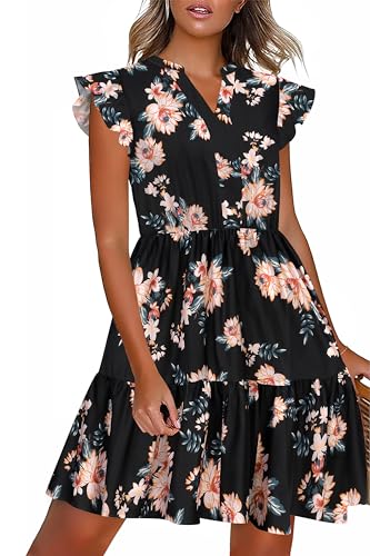 Image of HOTOUCH Women Printed Dress for Summer Short Ruffle Sleeve Dress Tiered Mini Dress with Pockets