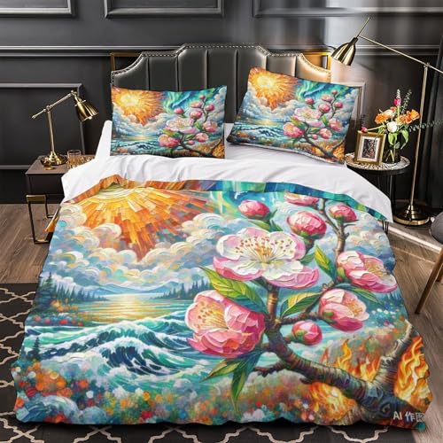 Linge de lit double avec housse de couette fleur de pêche 200x200 cm