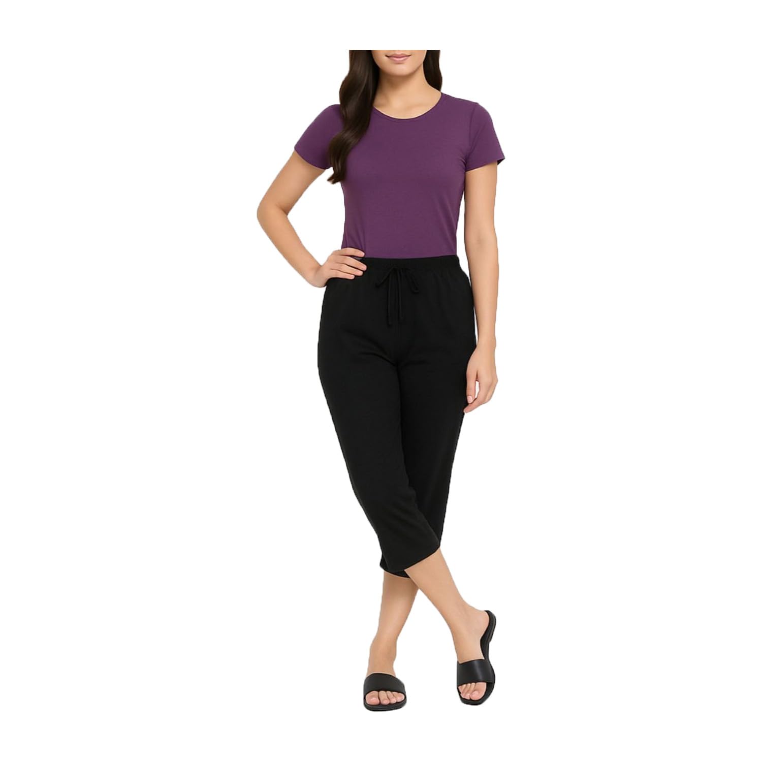 Womens Plain Loosefit Capri, 3/4th Capri For Girls Single Pack Black-image-43