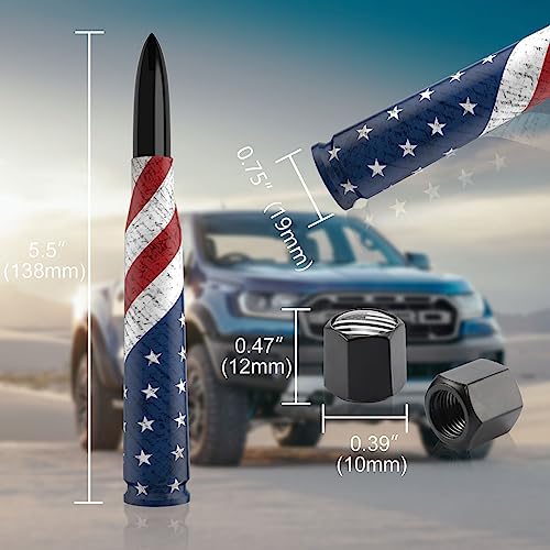 Image of Car Truck Antenna with Tire Stem Caps American Flag Anti-Theft Design, Universal Short Replacement for Ford F150 F250 F350 Raptor Dodge RAM GMC Sierra Chevy Silverado 1500 2500 3500, Black