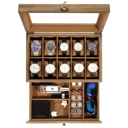 Uten Caja de Relojes con 10 Compartimentos, 2 Niveles Caja para Reloje Madera, Tapa de Vidrio y Almohada Algodón Seda, Forro Marrón, para Exhibición y Almacenamiento de Relojes Joyería