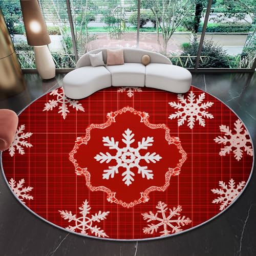 Genérico 90 cm Alfombras Redondas para Sala de Estar, Navidad Cuadros Copos De Nieve Estampada Alfombra Redonda Lavable Rojo - Pelo Corto Suave Franela Alfombras para Dormitorio Comedor