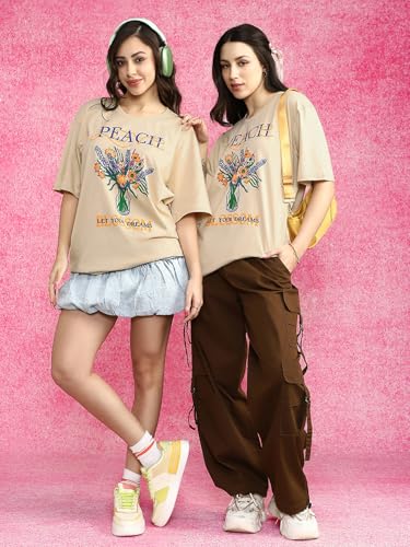 Image of JUNEBERRY 100% Pure Cotton Oversized Loose Fit Half Sleeve Cool Front Chest Graphic Printed Round Neck Drop Shoulder T-Shirt for Women S to 2XL