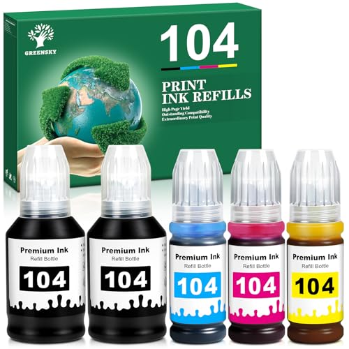 GREENSKY 104 Farbstofftinte Kompatibel mit Epson 104 Multipack für Epson EcoTank ET-2870 ET-4800 ET-2876 ET-2862 ET-2861 ET-2820 ET-2810 ET-2826 ET-2856 ET-2875 ET-4810 ET-2811 ET-2812 ET-2814 (5P)