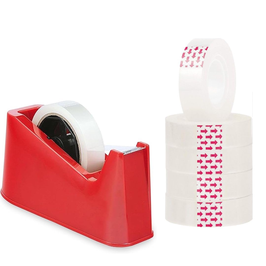 AHG Heavy Duty Desk Tape Dispenser Red with 6 Clear Tape Rolls – Weighted Non-Slip Base | Sharp Steel Cutting Blade | One-Hand Use | Compatible with Sellotape, Scotch & Packing Tape