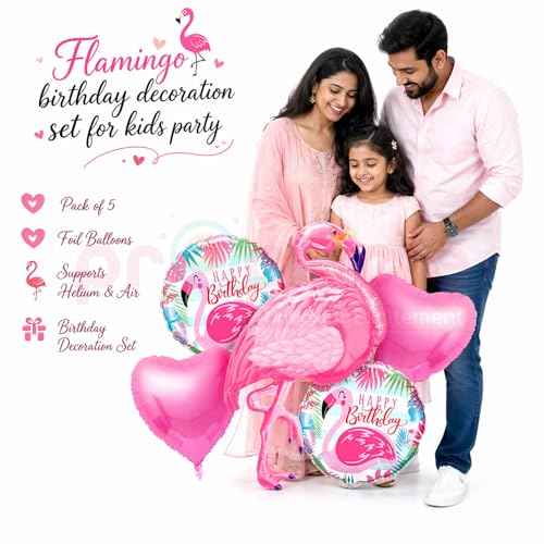 Image of Propsicle Flamingo Theme Foil Balloons Set Pack of 5 Pink Flamingo Heart Balloons Happy Birthday Round Balloon Tropical Decoration for Kids Birthday Pool Beach Theme Setup Supports Helium Air