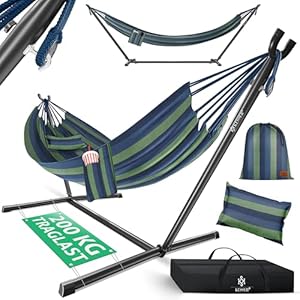 KESSER® Hängematte Lake mit Gestell, Doppel für 2 Personen, 200kg Belastbarkeit, Indoor & Outdoor, XXL Hängesessel, Garten, Pool, Balkon, Terrasse, Inkl. Kissen, Beutel & Tasche, Blau