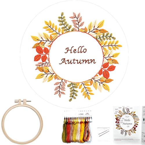 Image of FONNUY Embroidery Kit for Beginners，Plants Flowers Pre-Stamped Pattern Kits for Adults with Hoop (Hello Autumn)